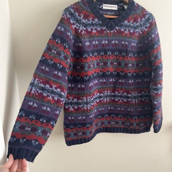 Vintage 100% Wool Fair Isle Chunky Sweater PL S Purple Cabincore Lodge Heritage - Picture 6 of 12